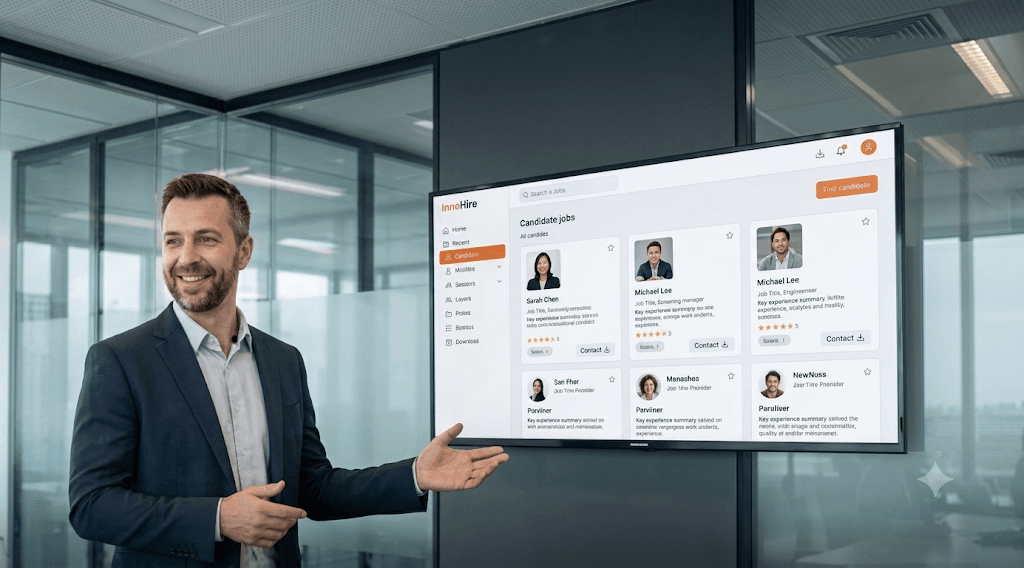 Recruiter browsing ranked candidate cards in the Innohire resume database